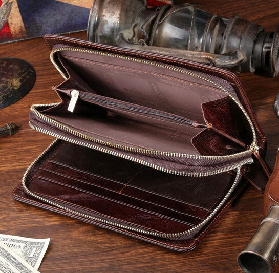 Classic Double Zippered Compartment Solid Coffee Wallet Wristlet