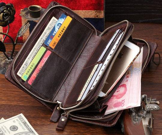 Classic Double Zippered Compartment Solid Coffee Wallet Wristlet